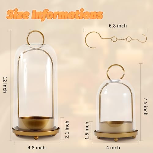 Gold Large & Medium Hurricane Glass Candle Holders with Chains - Vintage Brass Lanterns Set