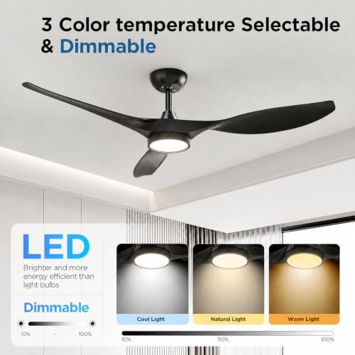 Roomratv 52 Inch Black Modern Ceiling Fan with Dimmable LED Light & Remote