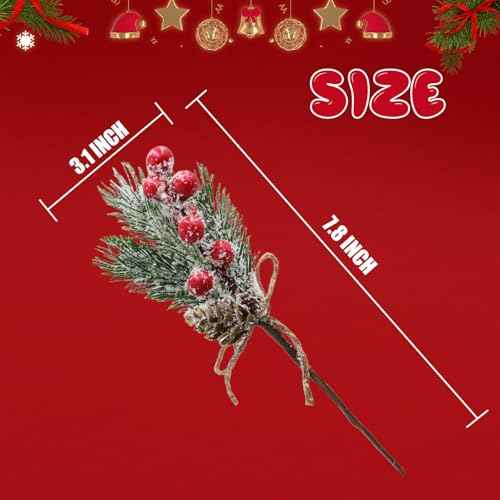 Christmas Floral Picks, 10Pcs 7.8 Inch Red Berry Holly Branches for Crafts, Artificial Christmas Tree Greenery Pick and Garland Decoration
