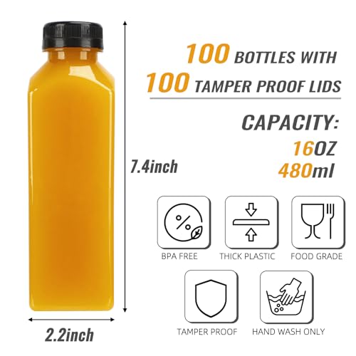 TOMNK 100 Pack 16 Oz Plastic Juice Bottles with Caps, Labels & Brush - Reusable Beverage Bottles