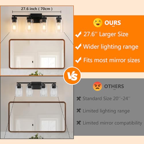 Bathroom Vanity Light Fixture - 27 Inch 4-Light Black Over Mirror - Modern Design with Glass Shades
