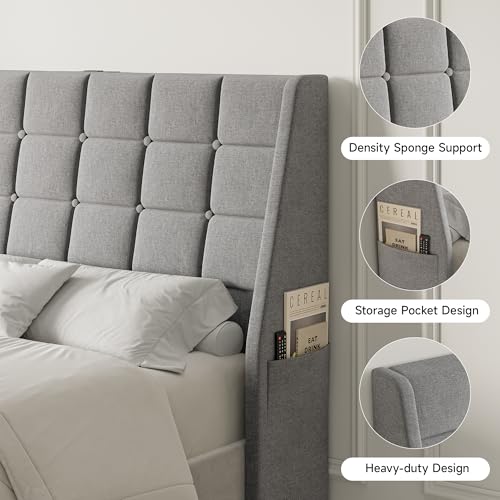 Full Size Wingback Headboard with Charging Station - Gray, Ergonomic & Storage