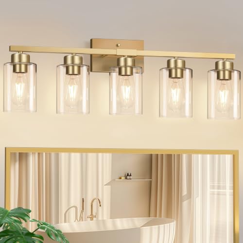 Bathroom Light Fixtures 5-Light Brushed Gold Vanity Lights with Clear Glass Shades - Over Mirror Wall Sconce