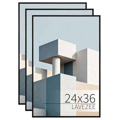 Lavezee 24x36 Black Poster Frame 3-Pack - Easy Slide-In, Tool-Free Assembly, Plastic