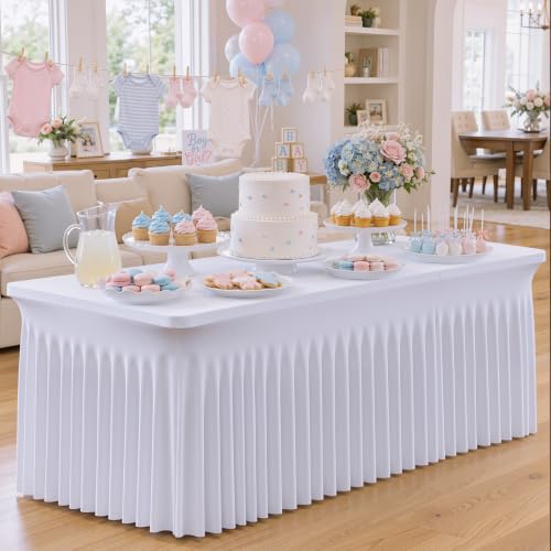 CO-AVE 6-Pack White 6FT Spandex Table Skirts for Rectangle Tables Wedding Party