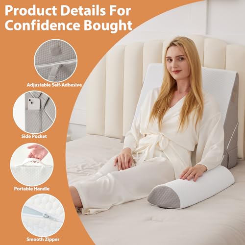 BIEEZZK Adjustable Wedge Pillow Set for Post-Surgery & Acid Reflux Relief, Memory Foam Support, White/Grey