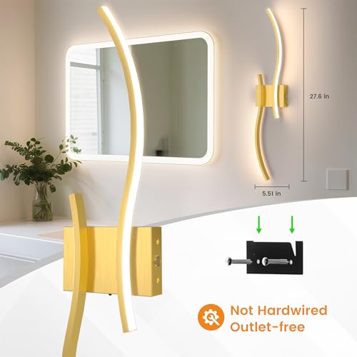 Gold 27.6 Inch Battery Operated Wall Sconces Set of 2 - Dimmable Wireless Wall Lights with Remote, Rechargeable for Living Room, Hallway, Bedroom