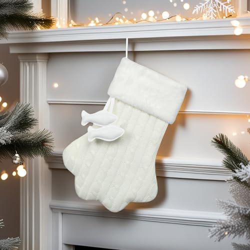 E-FirstFeeling Knit Cat Paw Christmas Stocking with Faux Fur Cuff - White, Large Holiday Decor