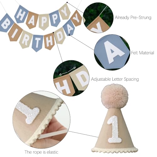 First Birthday Decorations for Boy Blue Khaki White Banner & Party Set