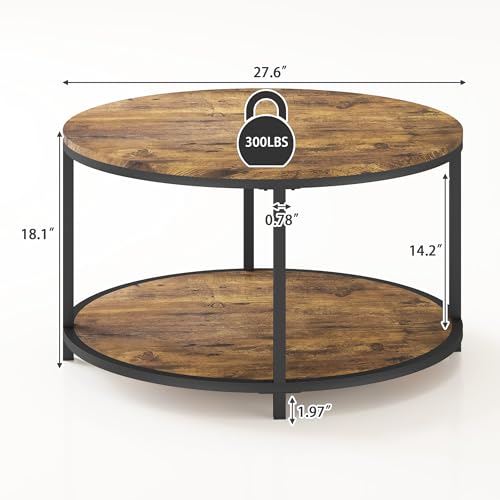 NSdirect Small Round Coffee Table 27.6-Inch 2-Tier Rustic Wood Home Furniture Brown Variation
