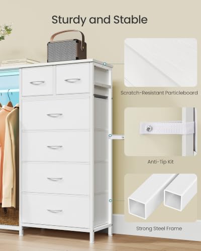 SONGMICS Closet Organizer with Hanging Rod & 6 Fabric Drawers - Cloud White, 13.8"D x 40.4"W x 46.3"H