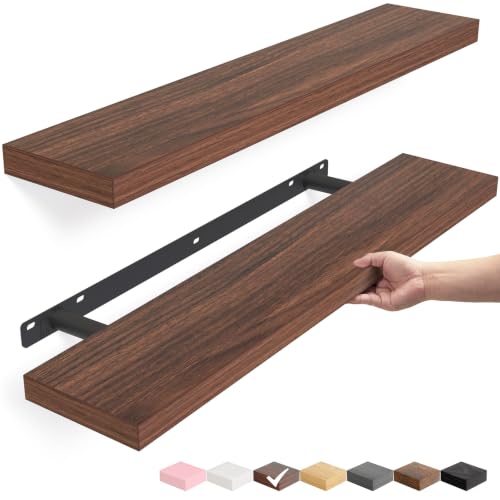 Walnut-Like Floating Shelves 22.5in Set of 2 - Mid-Century Modern Wall Decor