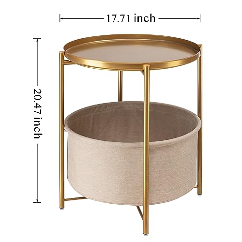 Gold Side Table with Removable Fabric Storage Basket - Pack of 2 - Modern Accent End Tables