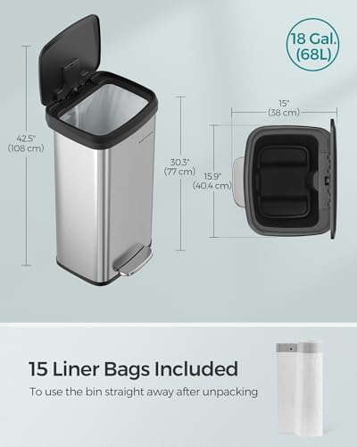 SONGMICS 18-Gallon Stainless Steel Kitchen Trash Can with Stay-Open Lid, Step Pedal & Odor Filter - Silver & Black ULTB520E68