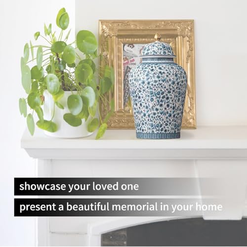 Blue Flower Urn for Adult Ashes - Ceramic Large Memorial Cremation Urn 200 Cubic Inches - Blue Flowers 200Lb Variation