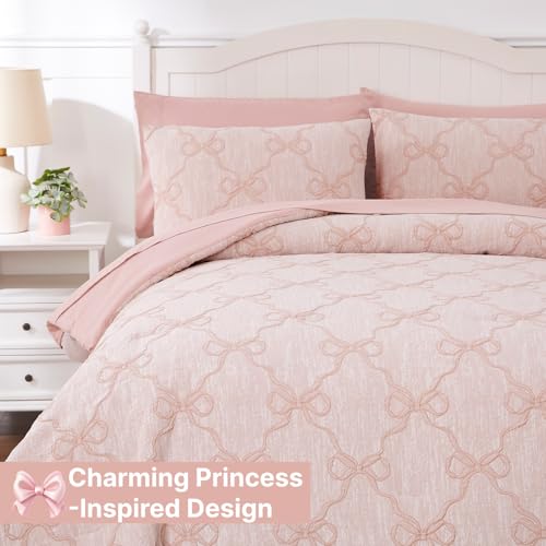 Pink Bow Twin Comforter Set with Sheets - Girl Bedroom Bedding 5 Pieces