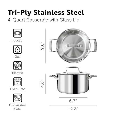 Procasa 4 Quart Stainless Steel Stock Pot with Lid - Fully Clad Tri-Ply, Induction & Oven Safe