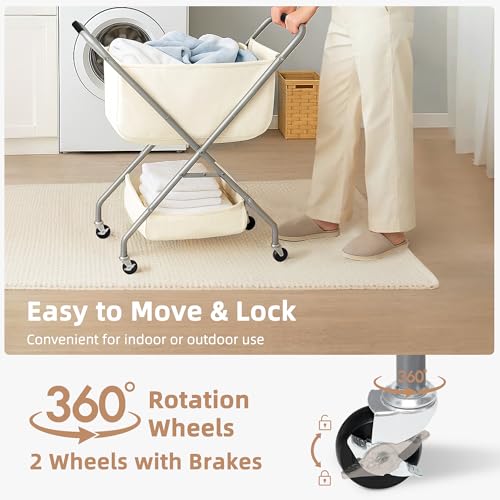 Storage Maniac Beige Collapsible Laundry Cart with Wheels, 31.5"H, Foldable Steel Frame & Canvas Liner