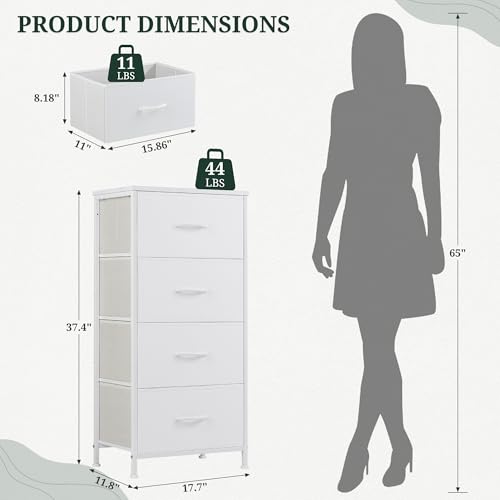 White Fabric Drawer Dresser with Wooden Top - 4 Drawers, 11.8"D x 17.7"W x 37.4"H