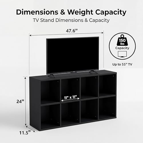 YESHOMY Black Modern TV Stand for 30-55 Inch TVs, 8 Open Cubes, 48 Inches