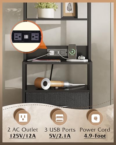 WLIVE 1 Piece Black Tall Nightstand with Charging Station & LED Lights, 3 Fabric Drawers & Open Shelves