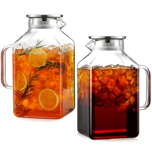 Clear 2 Pack Square Glass Pitcher with Lid and Spout - 1 Gallon Borosilicate Carafe for Hot Cold Drinks