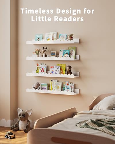 Shario White 23-Inch Nursery Book Shelves 4-Pack – Wall Floating Shelves for Kids & Toddler Room