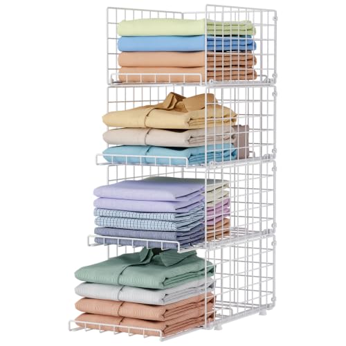 4-Tier Stackable Closet Storage Shelves with Pull-Out Baskets, Space-Saving Wardrobe Organizer