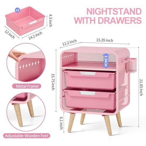 Pink Nightstand with Storage Drawers & Hanging Basket for Kids Rooms