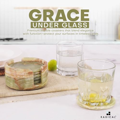 Green Onyx Marble Coasters Set of 6 with Holder - 3.5 Inch Round Natural Stone