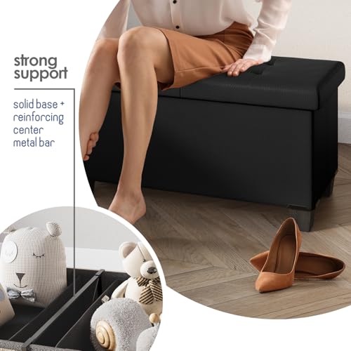 Black Leather Storage Ottoman Bench - 43 Inch Foot Rest & Seat with Bins - Variation 04