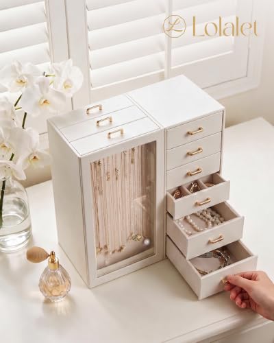 Lolalet Beige Large Jewelry Box Organizer for Women, Holds 24 Necklaces, Multiple Drawers & Ring Slots