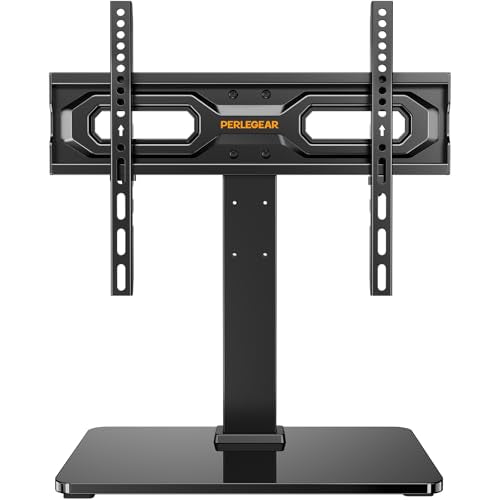 Perlegear 23-60 Inch Height-Adjustable TV Stand with Tempered Glass Base