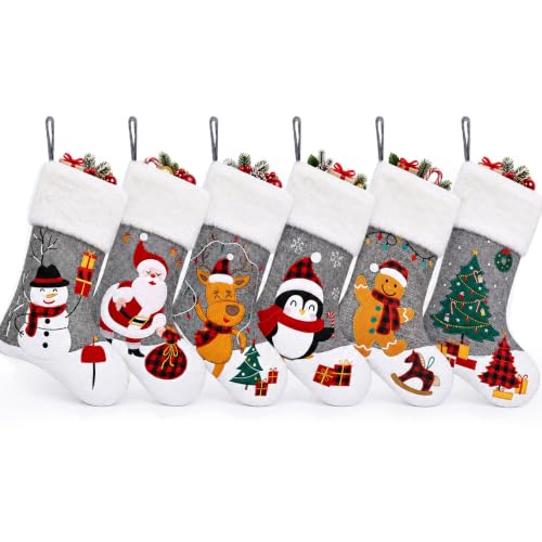 CARAKNOTS 6-Pack Grey Christmas Stockings Set of 20 Inches Burlap with Faux Fur Cuff - Holiday Home Decor