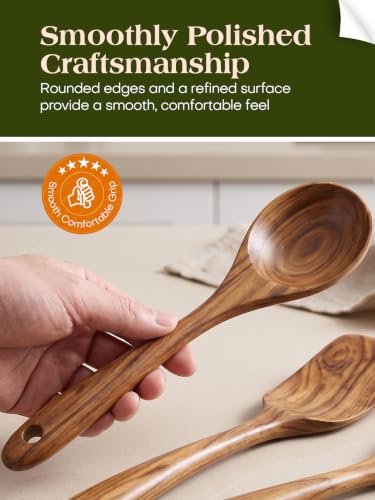 11-Piece Wooden Kitchen Utensil Set with Stainless Steel Holder - Teak Wood Nonstick Cookware Tools