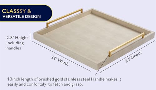 24x24 Inch Oversized Ivory Shagreen Leather Ottoman Tray with Gold Handles – Large Decorative Serving & Coffee Table Tray (Variation: Ivory-Gold Handle)