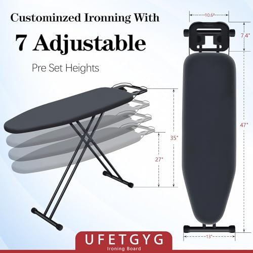 UFETGYG Black Ironing Board 43x13in with Heat-Resistant Cover & Adjustable Height