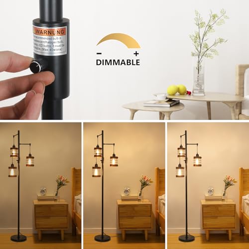 Airposta Black Wood Dimmable Farmhouse Floor Lamp with 3 Cage Lights