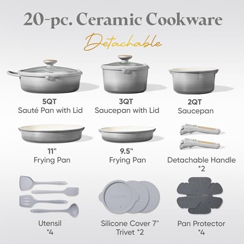CAROTE 20pcs Titanium Cookware Set with Detachable Handles - Gradient Grey