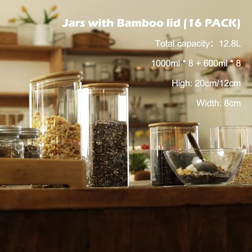 LIBWYS 16-Pack Square Glass Storage Jars with Bamboo Lids, 0.6Qt & 1.06Qt, Rectangular Set