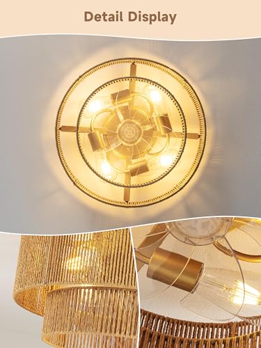 Ahtytjh Gold Boho Caged Ceiling Fan with Light Flush Mount & Handwoven Rattan
