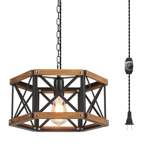 14.5 Inch Rustic Farmhouse Pendant Light Fixture with Adjustable Chain and Dimmable Switch - Black