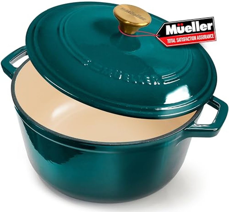 MUELLER HOME 5.5 Quart Enameled Cast Iron Oval Dutch Oven with Rooster Knob & Cotton Potholders, Heavy-Duty Cookware, Oven-Safe up to 500° F & Across All Cooktops, Gifts for Grandma & Women, White