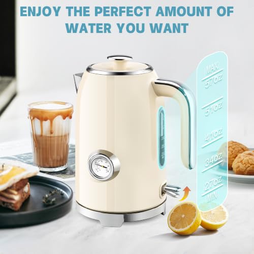 SUSTEAS 57oz Electric Kettle with Thermometer - Beige, Fast Boiling, Safe & Durable