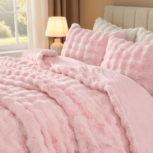 Pink Faux Rabbit Fur Comforter Set - 3 Piece Cozy Bedding