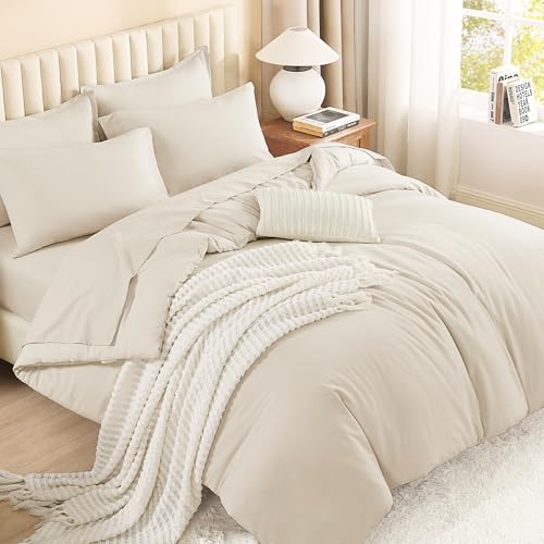 Litanika Oversized King Comforter Set with Sheets Beige - 7 Pieces Bed in a Bag, 120x98 Inches