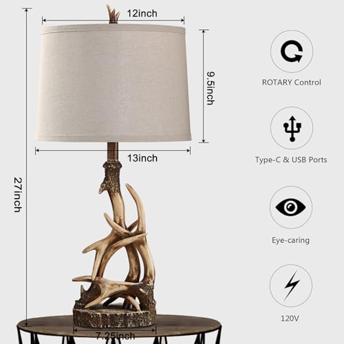 Rustic Deer Antler Table Lamp with USB Ports - 27.25'' Tall Western Country Nightstand Light