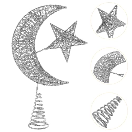 Angoily Glitter Star and Moon Christmas Tree Topper - Silver, 30cm