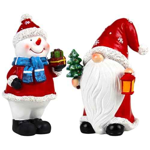Christmas Gnome Figurines 2 PCS Xmas Snowman Decoration Indoor Resin Collectible Statue Cute Holiday Ornament for Table Home