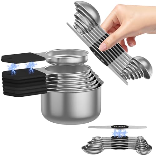 Black Stainless Steel Measuring Cups & Spoons Set with Magnetic Nesting